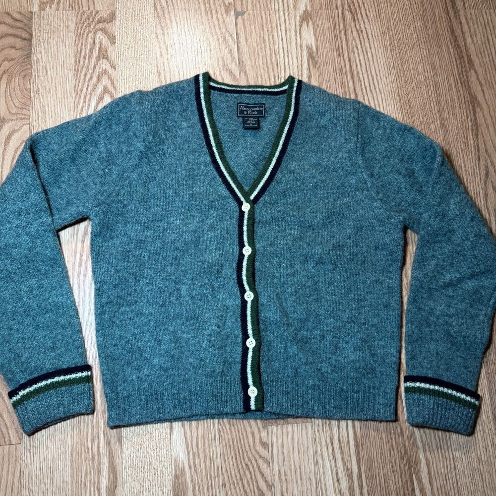 Vintage Abercrombie Fitch 100% Wool Cardigan Womens S Gray Blue Hong Kong